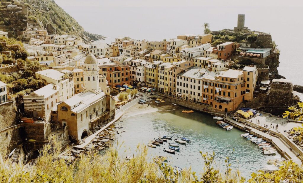 An overhead view of one of the cities in Cinque Terre.